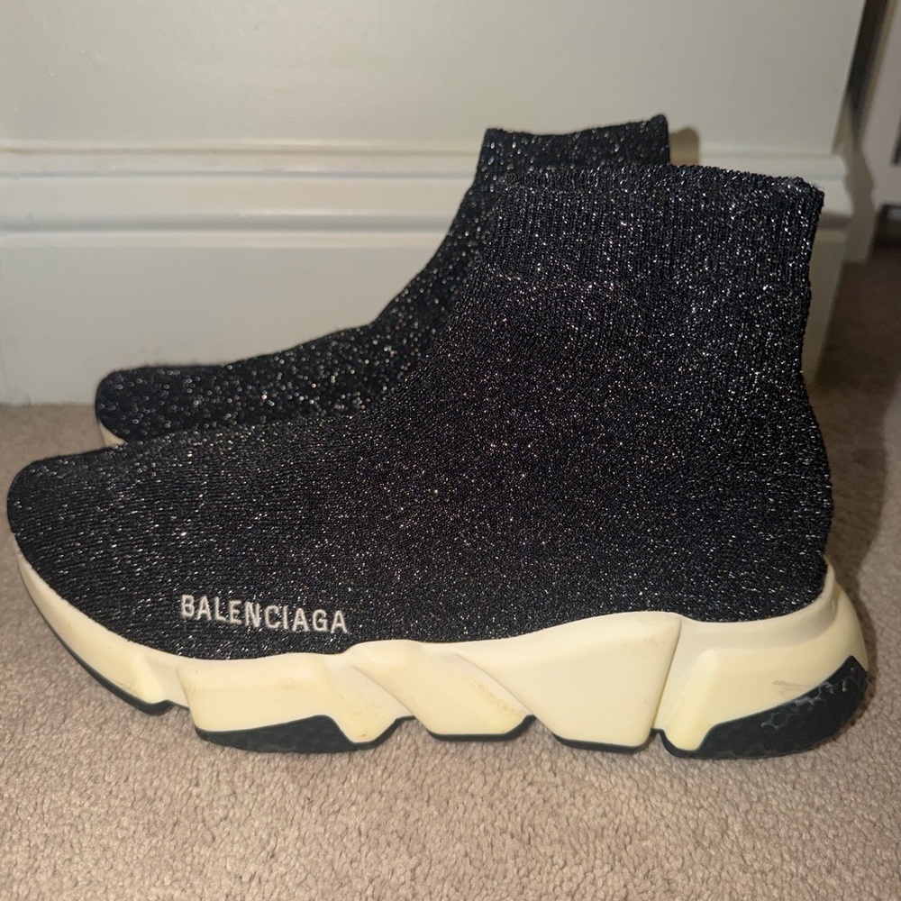 Women’s Balenciaga Black Glitter Sock Sneakers with Cream Sole